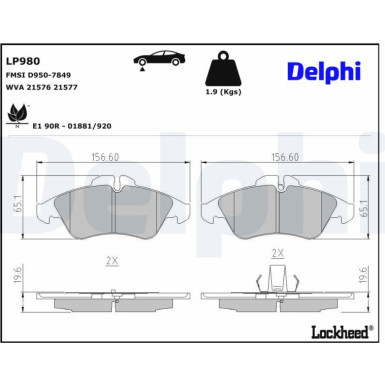 Delphi Bremsbelagsatz, Scheibenbremse LP980 Delphi Bremsbelagsatz, Scheibenbremse LP980