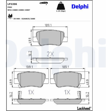 Delphi Bremsbelagsatz, Scheibenbremse LP2206 Delphi Bremsbelagsatz, Scheibenbremse LP2206