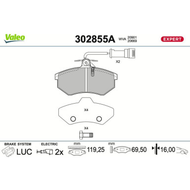 Valeo Bremsbelagsatz, Scheibenbremse EXPERT 302855A Valeo Bremsbelagsatz, Scheibenbremse EXPERT 302855A
