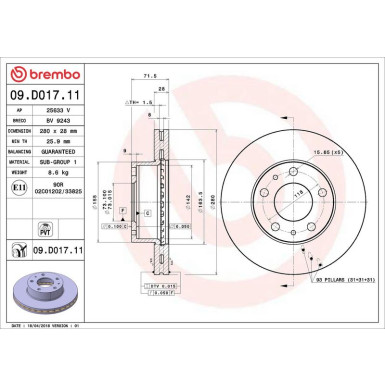 Brembo Bremsscheibe PRIME LINE - UV Coated 09.D017.11 Brembo Bremsscheibe PRIME LINE - UV Coated 09.D017.11