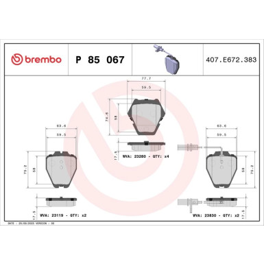Brembo Bremsbelagsatz, Scheibenbremse PRIME LINE P 85 067