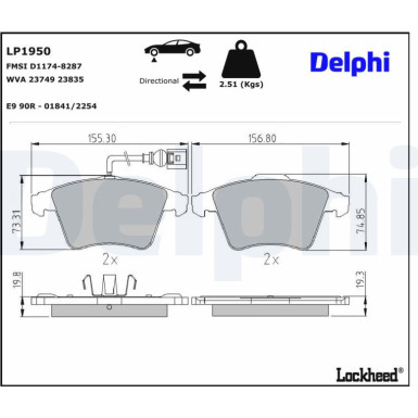 Delphi Bremsbelagsatz, Scheibenbremse LP1950 Delphi Bremsbelagsatz, Scheibenbremse LP1950