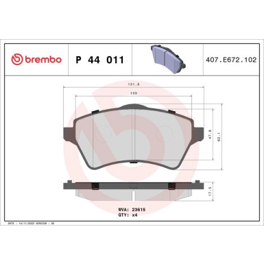 Brembo Bremsbelagsatz, Scheibenbremse PRIME LINE P 44 011 Brembo Bremsbelagsatz, Scheibenbremse PRIME LINE P 44 011
