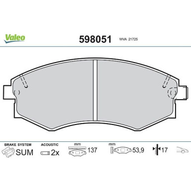 Valeo Bremsbelagsatz, Scheibenbremse 598051 Valeo Bremsbelagsatz, Scheibenbremse 598051
