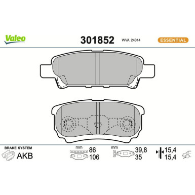 Valeo Bremsbelagsatz, Scheibenbremse ESSENTIAL 301852 Valeo Bremsbelagsatz, Scheibenbremse ESSENTIAL 301852