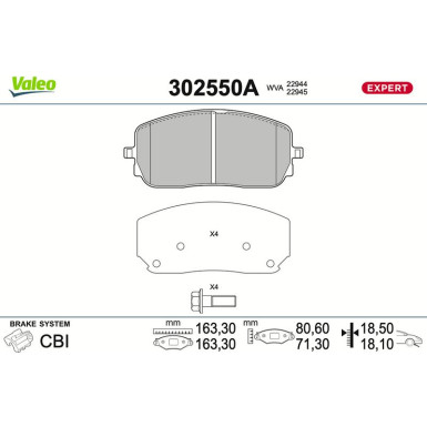 Valeo Bremsbelagsatz, Scheibenbremse EXPERT 302550A