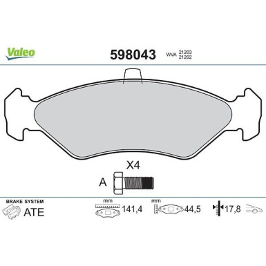 Valeo Bremsbelagsatz, Scheibenbremse 598043 Valeo Bremsbelagsatz, Scheibenbremse 598043
