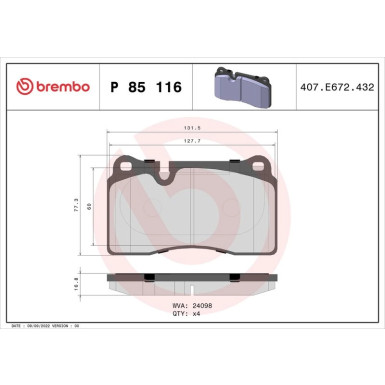 Bremsbelagsatz, Scheibenbremse P 85 116 Bremsbelagsatz, Scheibenbremse P 85 116