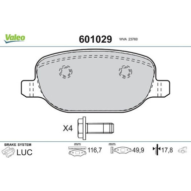 Valeo Bremsbelagsatz, Scheibenbremse 601029 Valeo Bremsbelagsatz, Scheibenbremse 601029