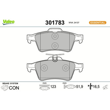 Valeo Bremsbelagsatz, Scheibenbremse ESSENTIAL 301783 Valeo Bremsbelagsatz, Scheibenbremse ESSENTIAL 301783