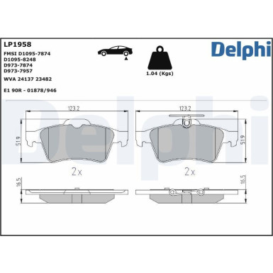 Delphi Bremsbelagsatz, Scheibenbremse LP1958 Delphi Bremsbelagsatz, Scheibenbremse LP1958