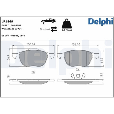 Delphi Bremsbelagsatz, Scheibenbremse LP1869 Delphi Bremsbelagsatz, Scheibenbremse LP1869