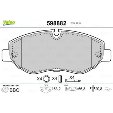 Valeo Bremsbelagsatz, Scheibenbremse 598882 Valeo Bremsbelagsatz, Scheibenbremse 598882