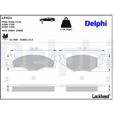 Delphi Bremsbelagsatz, Scheibenbremse LP421 Delphi Bremsbelagsatz, Scheibenbremse LP421