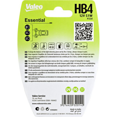 Valeo Glühlampe, Fernscheinwerfer ESSENTIAL 032014
