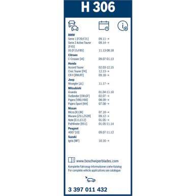 BOSCH H 306 Scheibenwischer Rear 3 397 011 432 BOSCH H 306 Scheibenwischer Rear 3 397 011 432