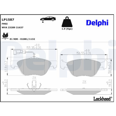 Delphi Bremsbelagsatz, Scheibenbremse LP1587 Delphi Bremsbelagsatz, Scheibenbremse LP1587