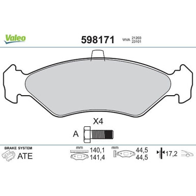 Valeo Bremsbelagsatz, Scheibenbremse 598171 Valeo Bremsbelagsatz, Scheibenbremse 598171