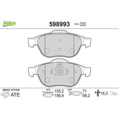 Valeo Bremsbelagsatz, Scheibenbremse 598993 Valeo Bremsbelagsatz, Scheibenbremse 598993