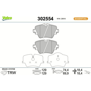 Valeo Bremsbelagsatz, Scheibenbremse ESSENTIAL 302554 Valeo Bremsbelagsatz, Scheibenbremse ESSENTIAL 302554