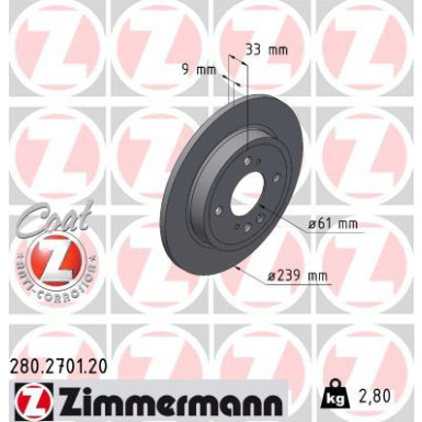 Zimmermann Bremsscheibe Coat Z 280.2701.20 Zimmermann Bremsscheibe Coat Z 280.2701.20