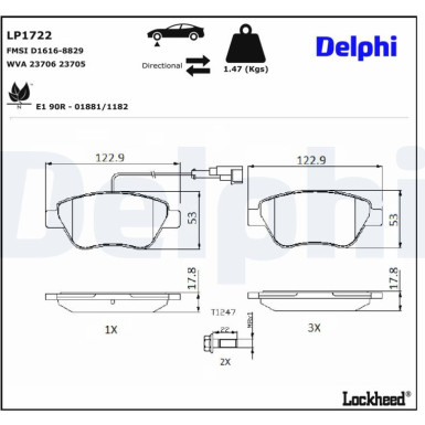 Delphi Bremsbelagsatz, Scheibenbremse LP1722 Delphi Bremsbelagsatz, Scheibenbremse LP1722