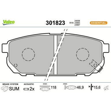 Valeo Bremsbelagsatz, Scheibenbremse ESSENTIAL 301823 Valeo Bremsbelagsatz, Scheibenbremse ESSENTIAL 301823