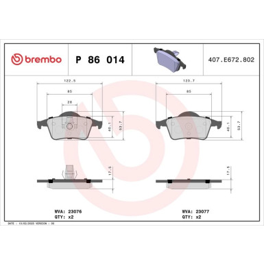 Brembo Bremsbelagsatz, Scheibenbremse PRIME LINE P 86 014