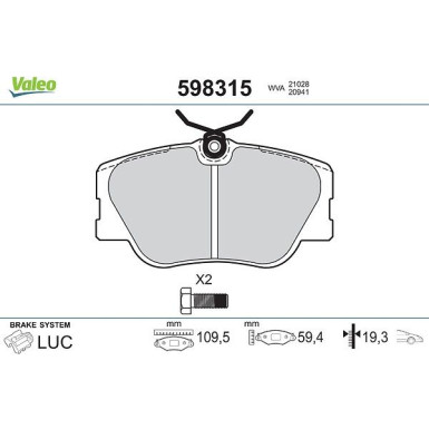 Valeo Bremsbelagsatz, Scheibenbremse 598315 Valeo Bremsbelagsatz, Scheibenbremse 598315