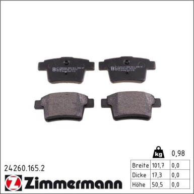 Zimmermann Bremsbelagsatz, Scheibenbremse 24260.165.2 Zimmermann Bremsbelagsatz, Scheibenbremse 24260.165.2