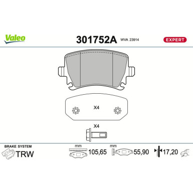 Valeo Bremsbelagsatz, Scheibenbremse EXPERT 301752A Valeo Bremsbelagsatz, Scheibenbremse EXPERT 301752A