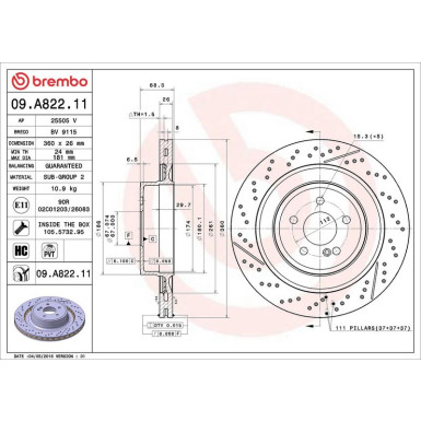 BREMBO 09.A822.11 Bremsscheibe für MERCEDES E-Klasse, CLS, C-Klasse 360x26mm, 5, gelocht, hochgekohlt