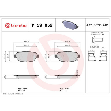 Brembo Bremsbelagsatz, Scheibenbremse PRIME LINE P 59 052 Brembo Bremsbelagsatz, Scheibenbremse PRIME LINE P 59 052