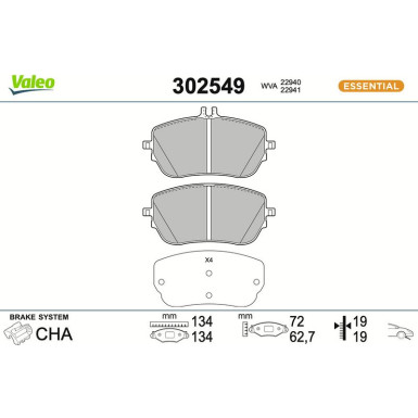 Valeo Bremsbelagsatz, Scheibenbremse ESSENTIAL 302549 Valeo Bremsbelagsatz, Scheibenbremse ESSENTIAL 302549