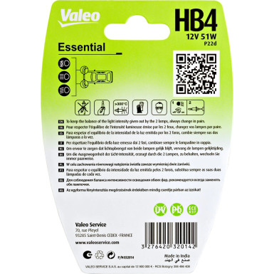 Valeo Glühlampe, Fernscheinwerfer ESSENTIAL 032014