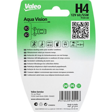 Valeo Glühlampe, Fernscheinwerfer AQUA VISION 032514