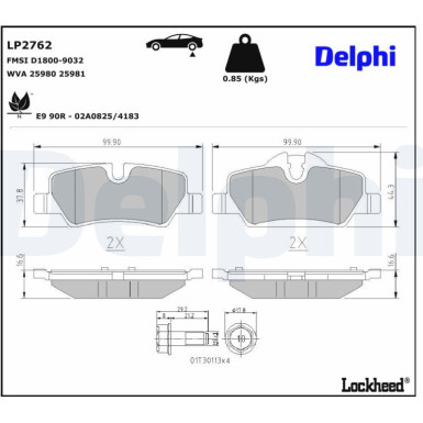Delphi Bremsbelagsatz, Scheibenbremse LP2762 Delphi Bremsbelagsatz, Scheibenbremse LP2762