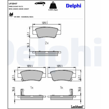 Delphi Bremsbelagsatz, Scheibenbremse LP2047 Delphi Bremsbelagsatz, Scheibenbremse LP2047