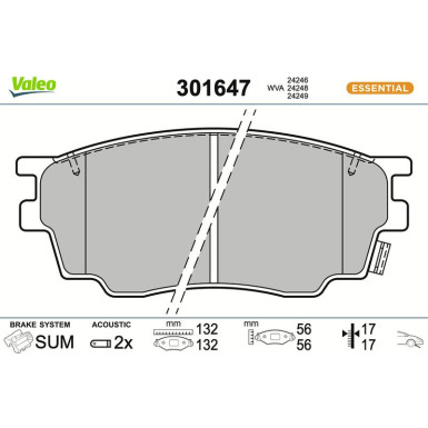 Valeo Bremsbelagsatz, Scheibenbremse ESSENTIAL 301647 Valeo Bremsbelagsatz, Scheibenbremse ESSENTIAL 301647