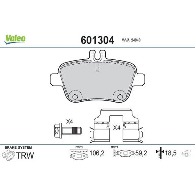 Valeo Bremsbelagsatz, Scheibenbremse 601304 Valeo Bremsbelagsatz, Scheibenbremse 601304