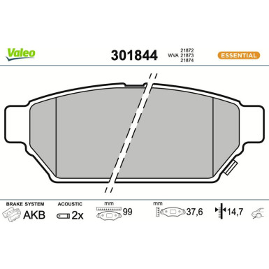 Valeo Bremsbelagsatz, Scheibenbremse ESSENTIAL 301844 Valeo Bremsbelagsatz, Scheibenbremse ESSENTIAL 301844