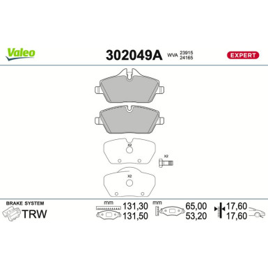 Valeo Bremsbelagsatz, Scheibenbremse EXPERT 302049A Valeo Bremsbelagsatz, Scheibenbremse EXPERT 302049A