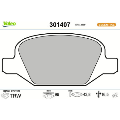 Valeo Bremsbelagsatz, Scheibenbremse ESSENTIAL 301407 Valeo Bremsbelagsatz, Scheibenbremse ESSENTIAL 301407