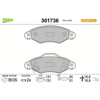 Valeo Bremsbelagsatz, Scheibenbremse ESSENTIAL 301736 Valeo Bremsbelagsatz, Scheibenbremse ESSENTIAL 301736