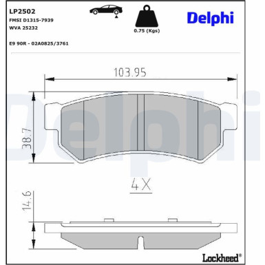 Delphi Bremsbelagsatz, Scheibenbremse LP2502 Delphi Bremsbelagsatz, Scheibenbremse LP2502