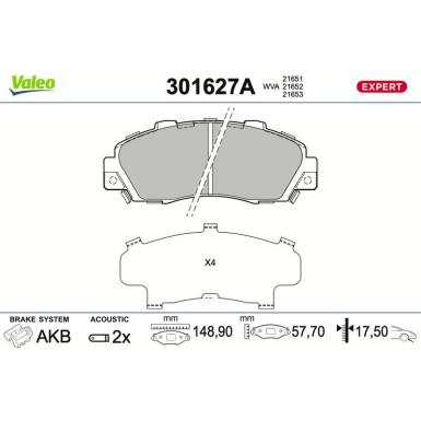 Valeo Bremsbelagsatz, Scheibenbremse EXPERT 301627A Valeo Bremsbelagsatz, Scheibenbremse EXPERT 301627A