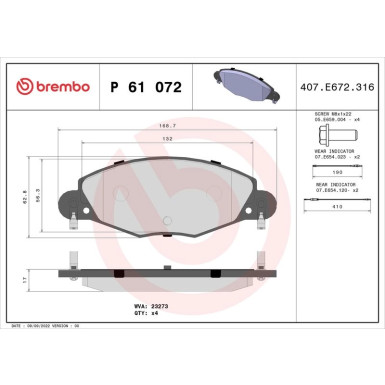 Brembo Bremsbelagsatz, Scheibenbremse PRIME LINE P 61 072 Brembo Bremsbelagsatz, Scheibenbremse PRIME LINE P 61 072