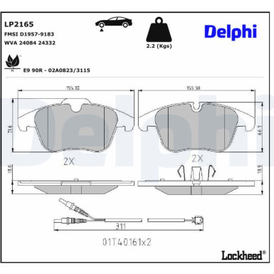 Delphi Bremsbelagsatz, Scheibenbremse LP2165 Delphi Bremsbelagsatz, Scheibenbremse LP2165