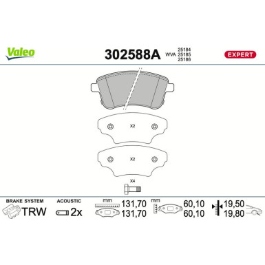 Valeo Bremsbelagsatz, Scheibenbremse EXPERT 302588A Valeo Bremsbelagsatz, Scheibenbremse EXPERT 302588A