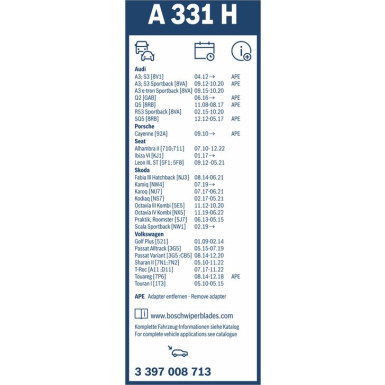 Wischblatt | BOSCH | Scheibenwischer Vorne + Hinten | A 331 H +A 945 S